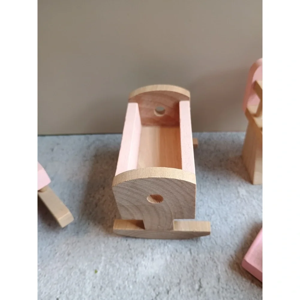 Wood Dollhouse Pink Nursery Set Crib High Chair Rocking Horse Cottage Style